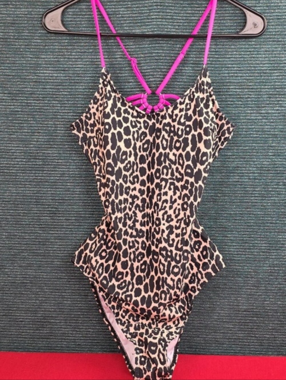 Leopard Print One Piece Bathing Suit Pink Strappy Backless Cut Outs Ring Linked - Picture 3 of 9
